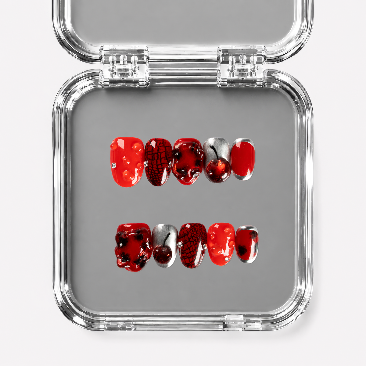CHERRY FICTION, round press-on nails, short length, 3D, chrome, view 1