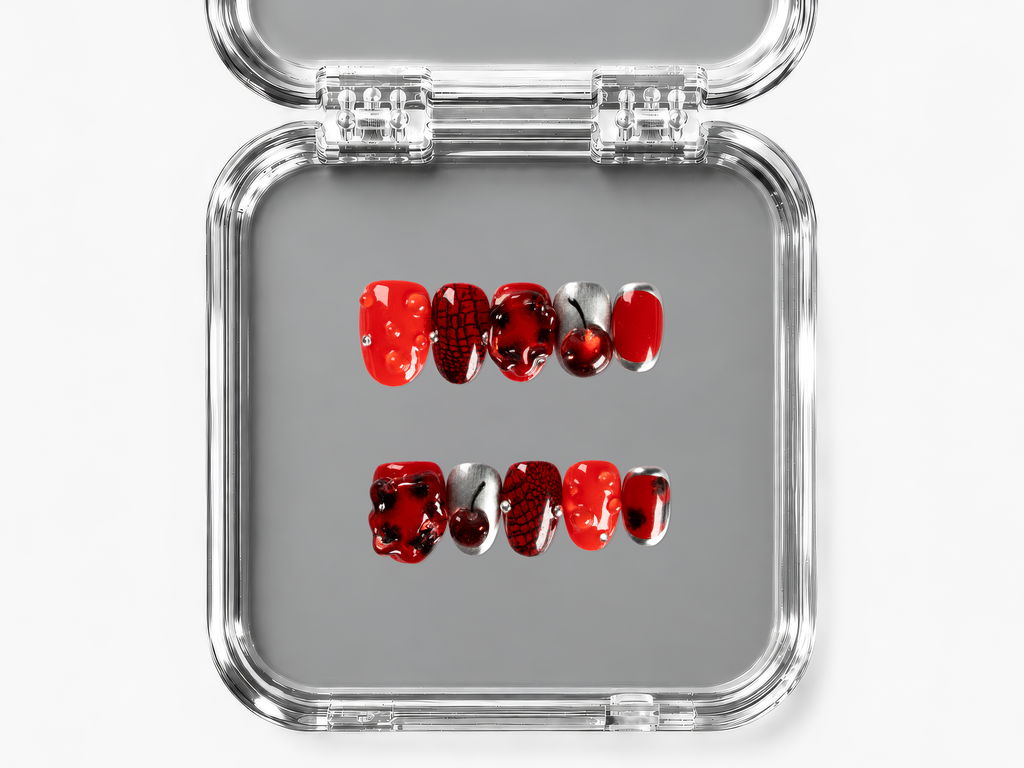 CHERRY FICTION, round press-on nails, short length, 3D, chrome, view 4