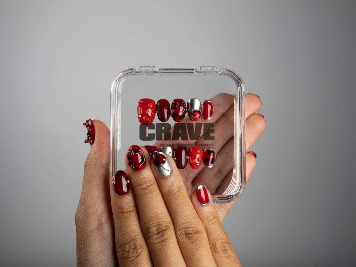 CHERRY FICTION, round press-on nails, short length, 3D, chrome, view 5