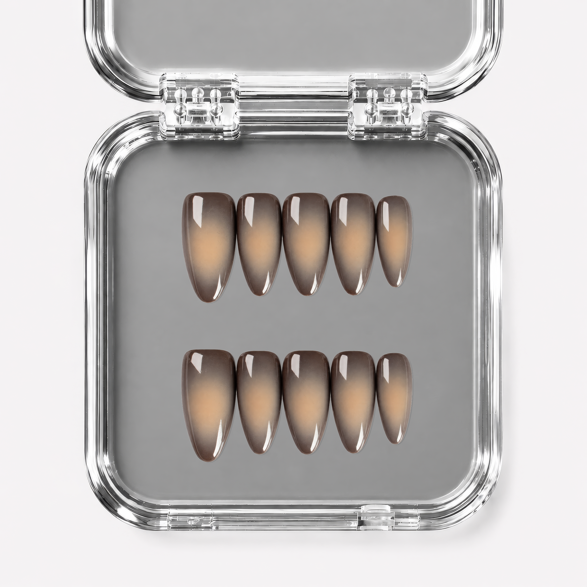 CONFIDENTIAL, almond press-on nails, medium length, fade, view 1