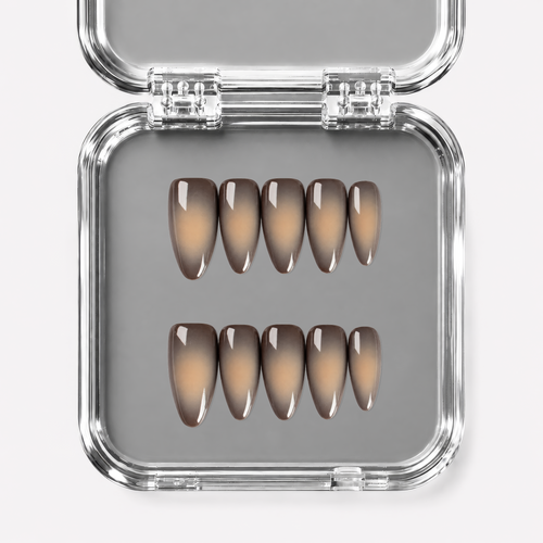 CONFIDENTIAL, almond press-on nails, medium length, fade, view 1