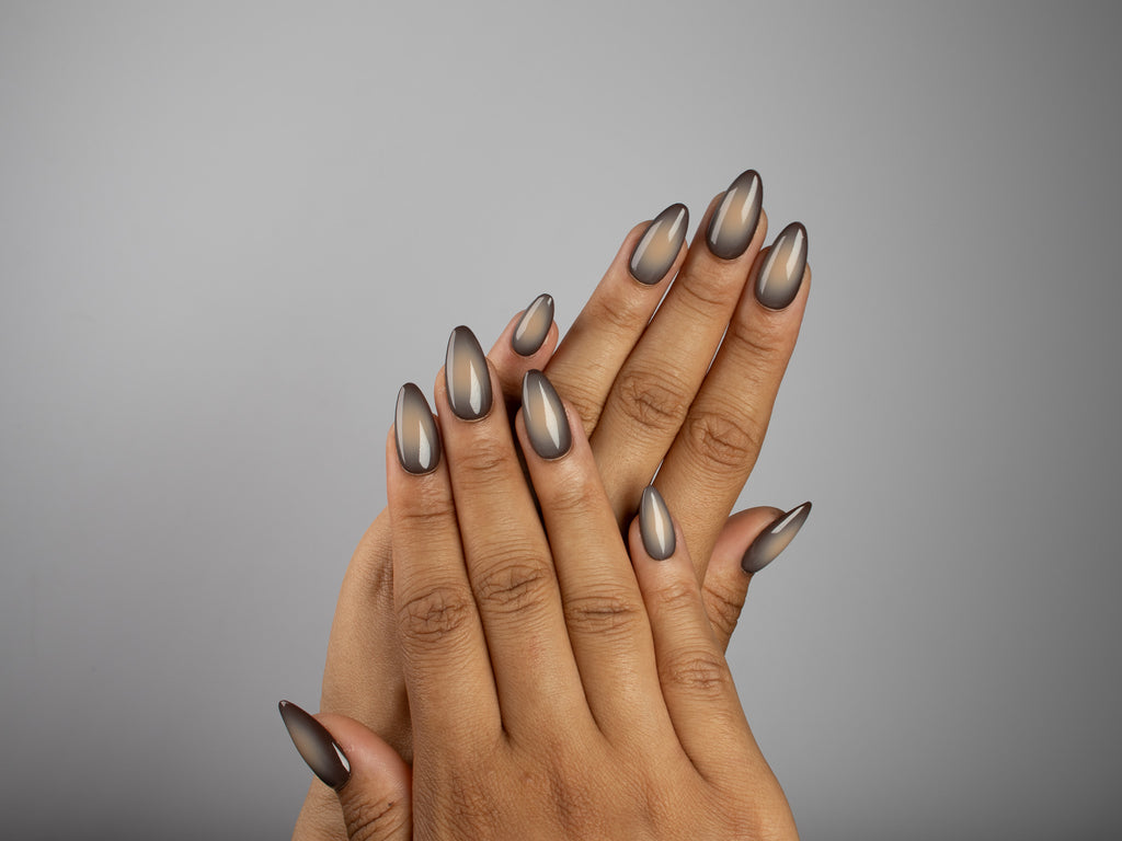 CONFIDENTIAL, almond press-on nails, medium length, fade, view 6
