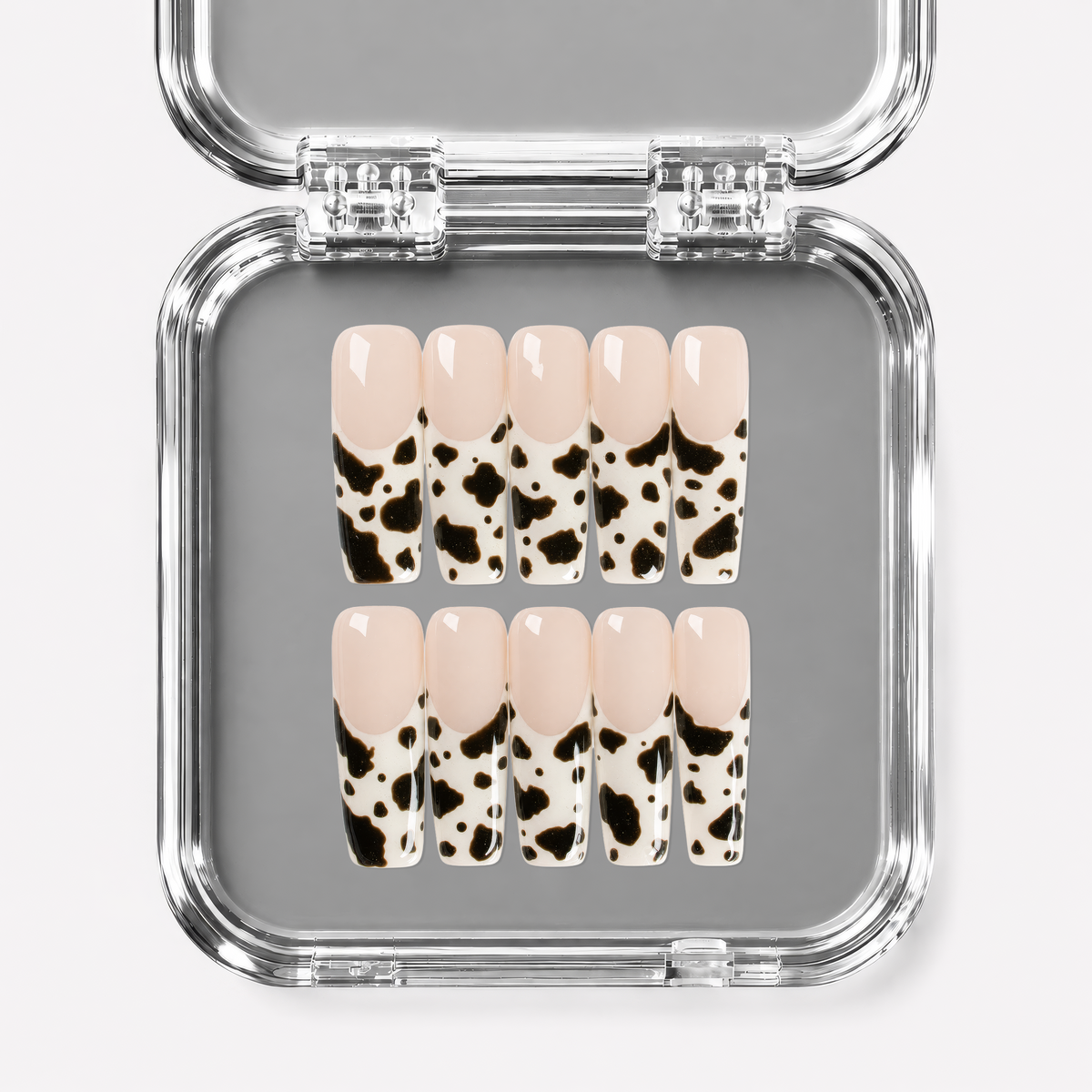 COUNTRY CLUB, square press-on nails, long length, animal print, French tip, view 1