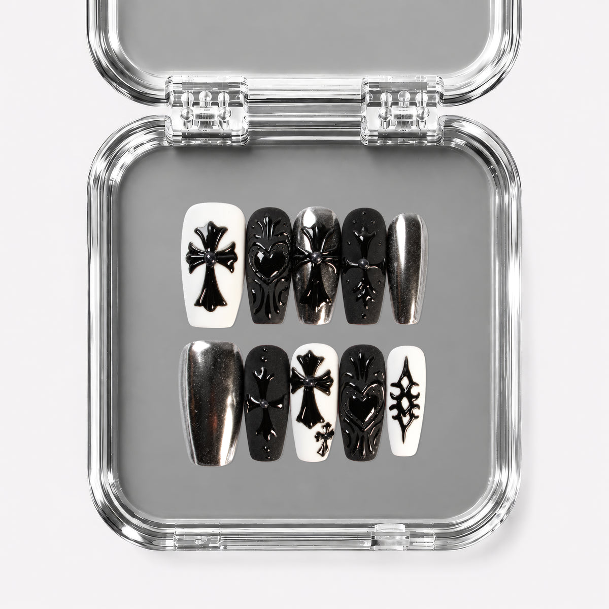 DARK DEVOTION, coffin press-on nails, medium length, 3D, chrome, view 1