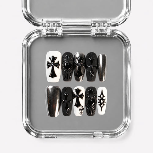 DARK DEVOTION, coffin press-on nails, medium length, 3D, chrome, view 1