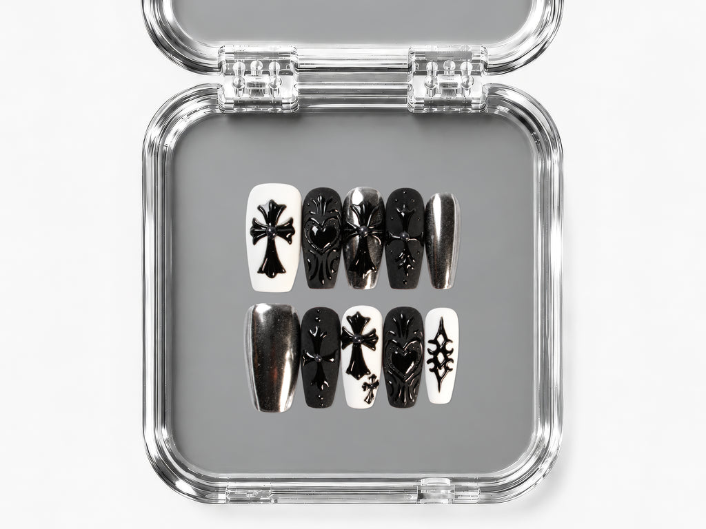 DARK DEVOTION, coffin press-on nails, medium length, 3D, chrome, view 4