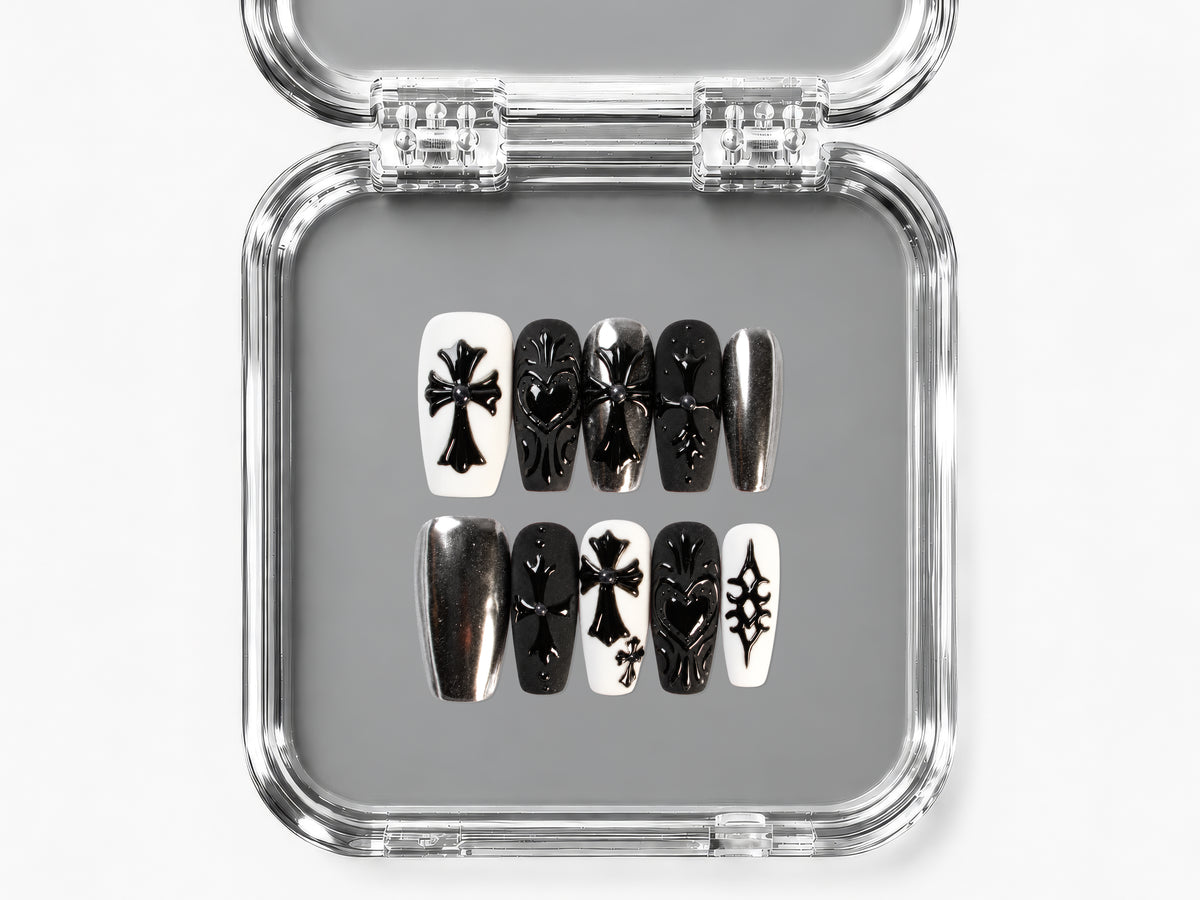 DARK DEVOTION, coffin press-on nails, medium length, 3D, chrome, view 4