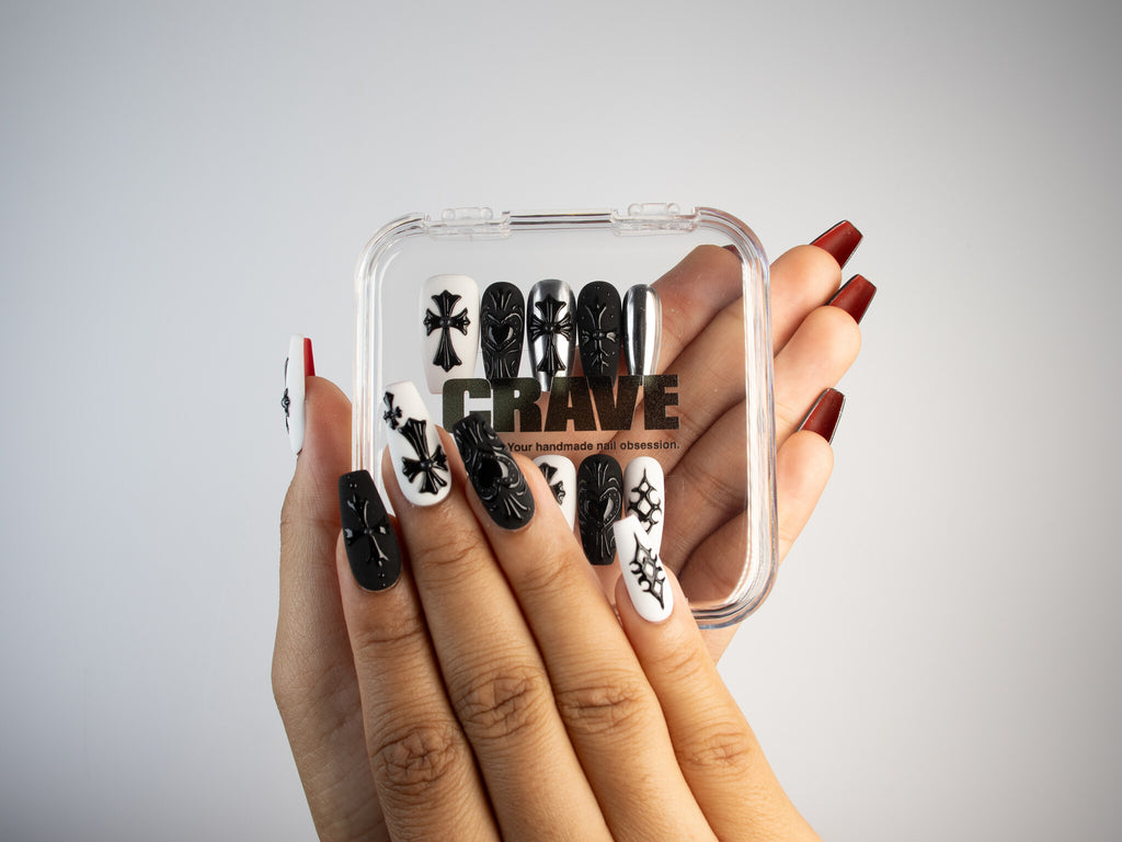 DARK DEVOTION, coffin press-on nails, medium length, 3D, chrome, view 5