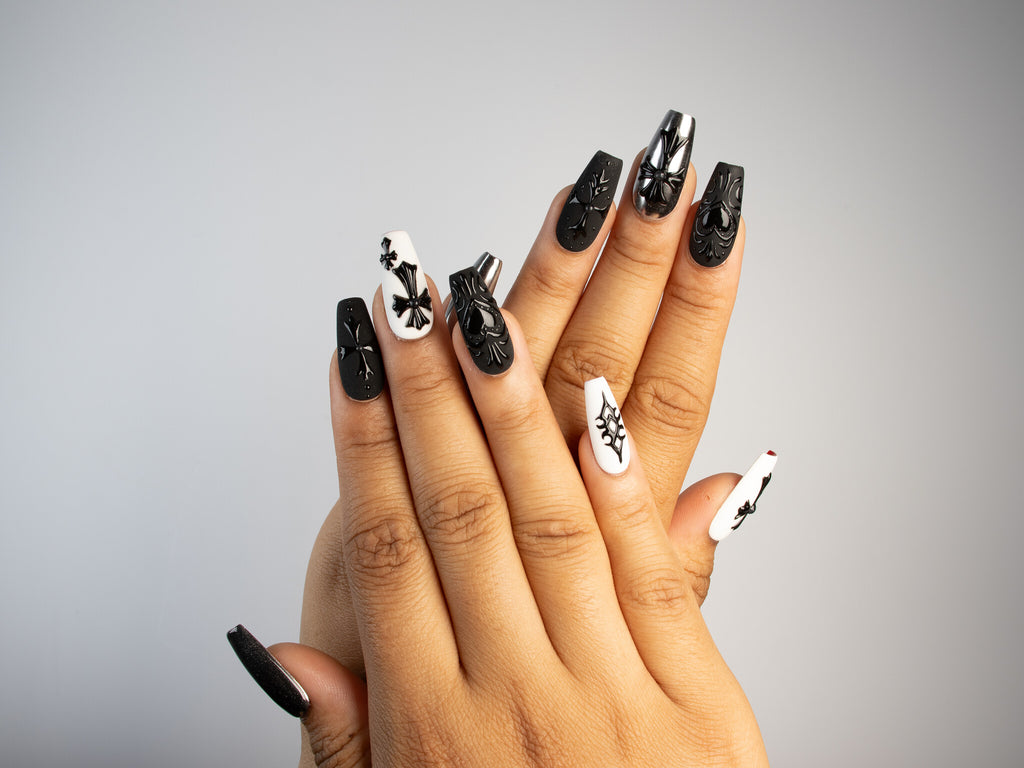 DARK DEVOTION, coffin press-on nails, medium length, 3D, chrome, view 6