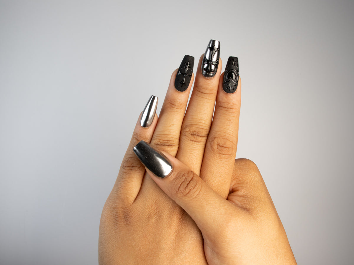 DARK DEVOTION, coffin press-on nails, medium length, 3D, chrome, view 7