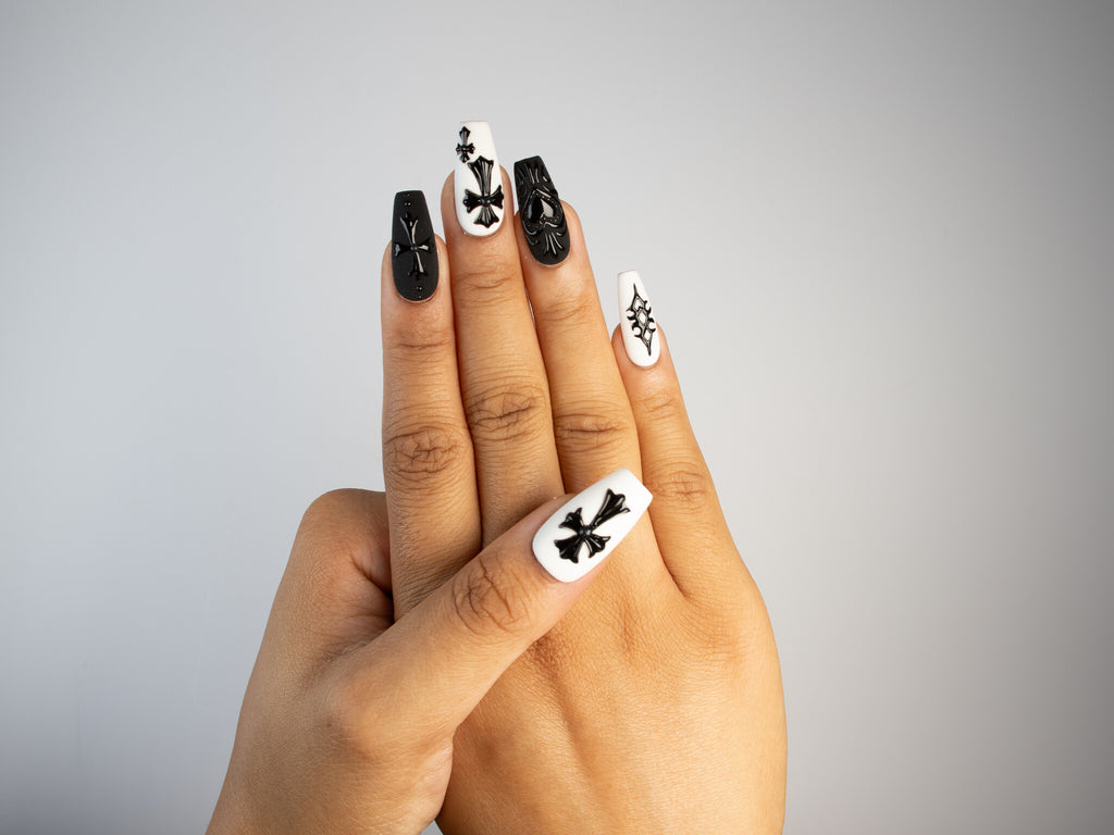 DARK DEVOTION, coffin press-on nails, medium length, 3D, chrome, view 8