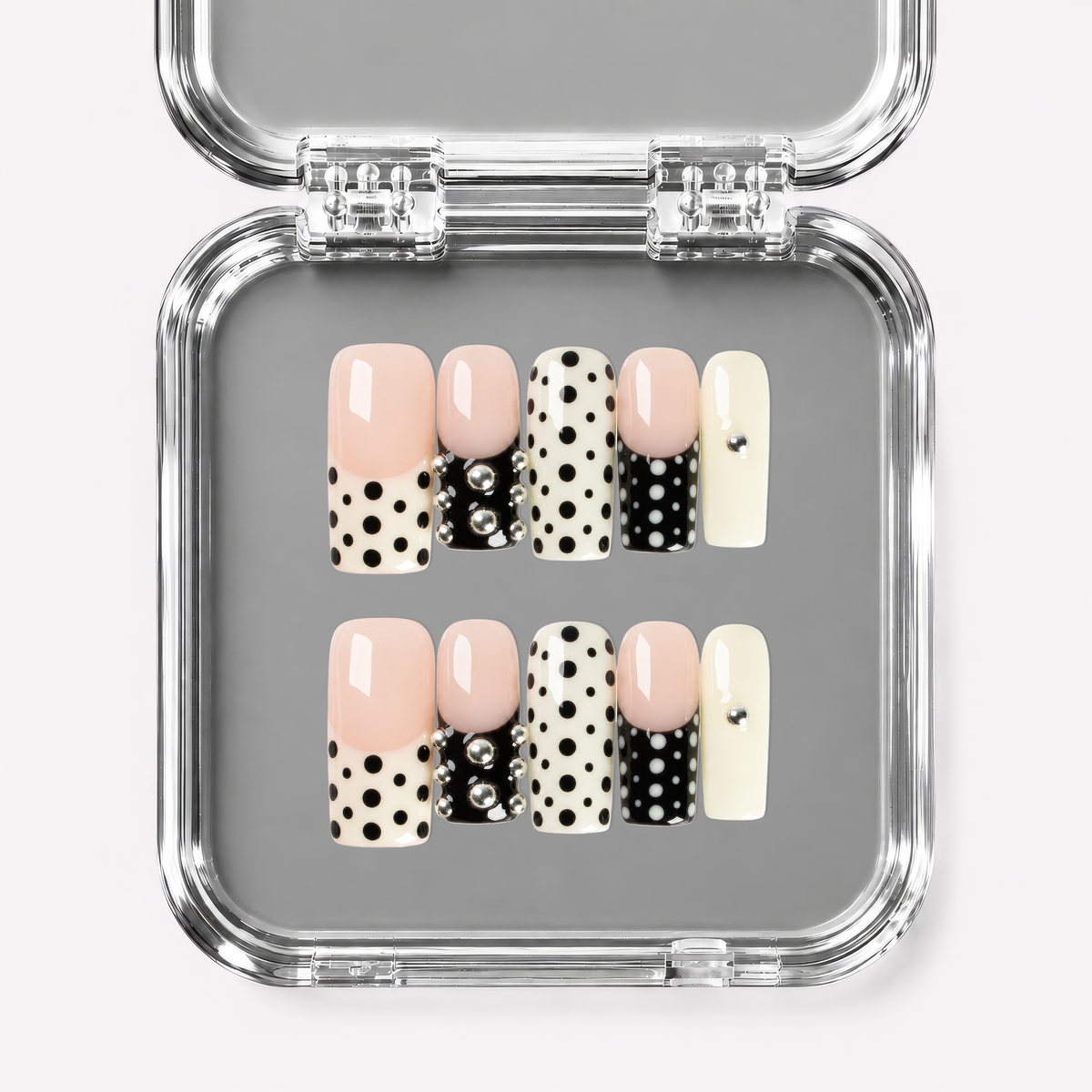DOMINO, square press-on nails, medium length, 3D, French tip, polka dots, view 1