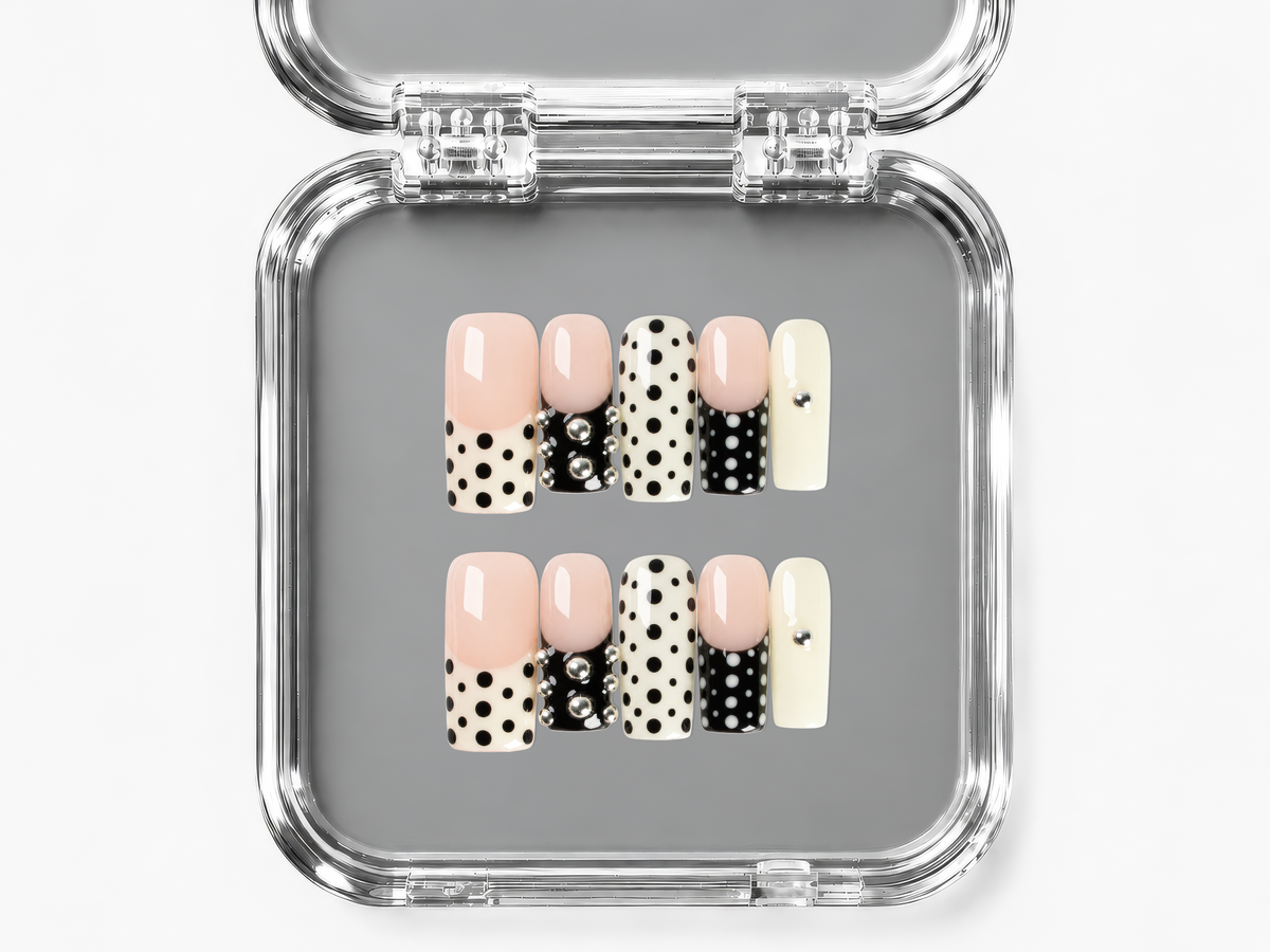 DOMINO, square press-on nails, medium length, 3D, French tip, polka dots, view 4