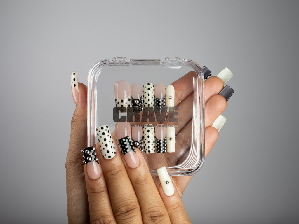 DOMINO, square press-on nails, medium length, 3D, French tip, polka dots, view 5