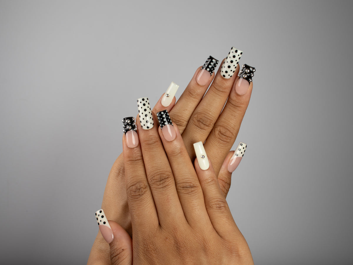 DOMINO, square press-on nails, medium length, 3D, French tip, polka dots, view 6