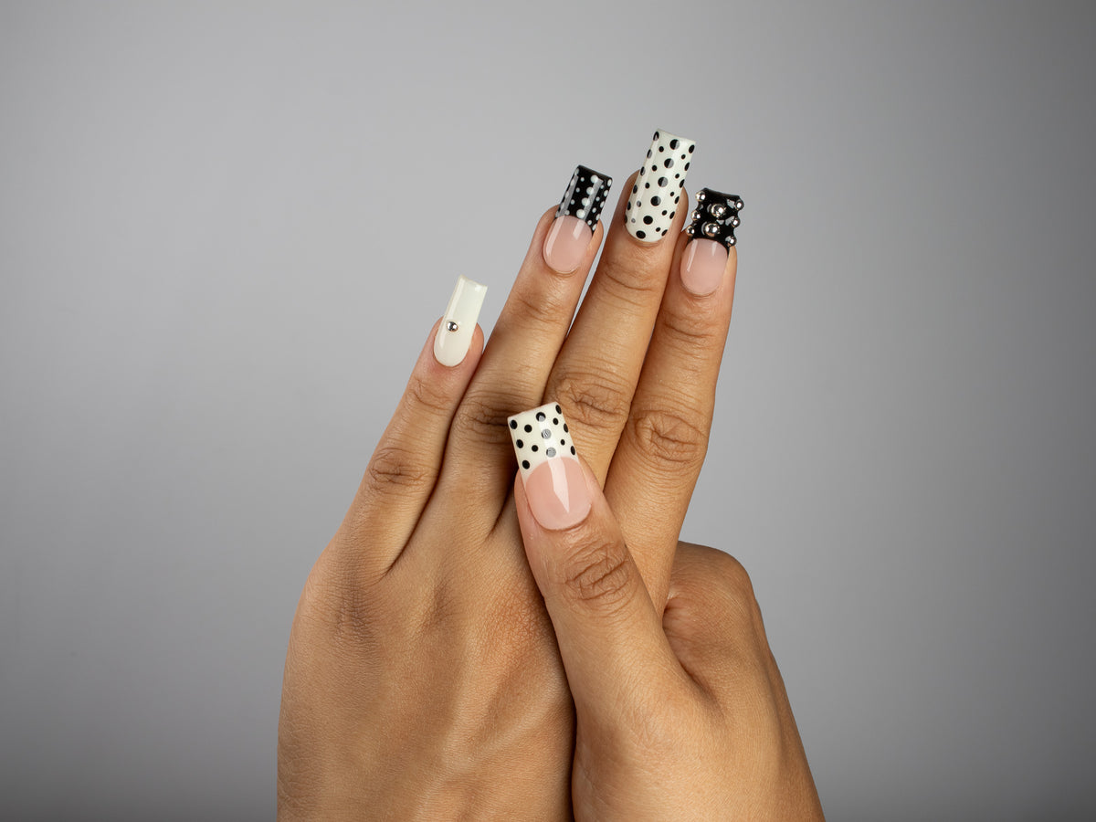 DOMINO, square press-on nails, medium length, 3D, French tip, polka dots, view 7