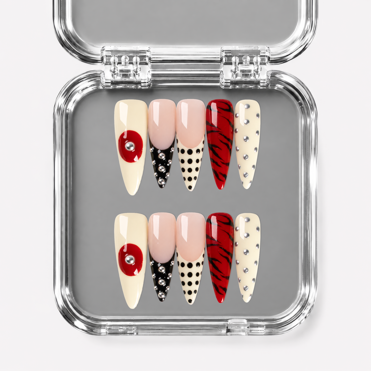 FINAL NOTICE, stiletto press-on nails, long length, 3D, animal print, French tip, polka dots, view 1