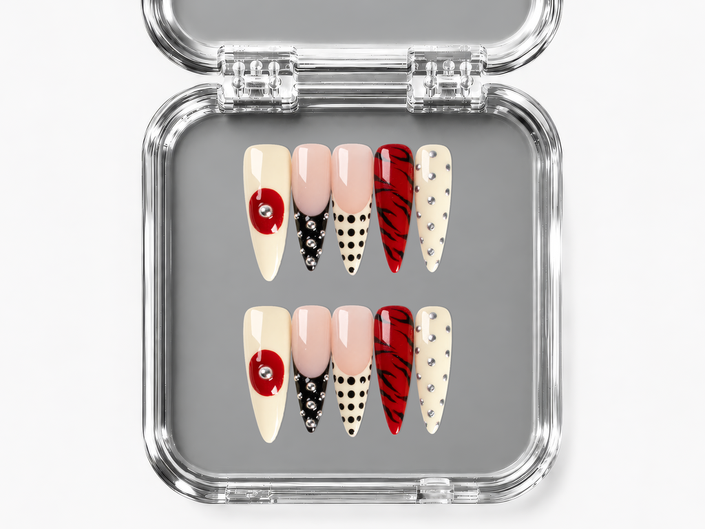 FINAL NOTICE, stiletto press-on nails, long length, 3D, animal print, French tip, polka dots, view 4