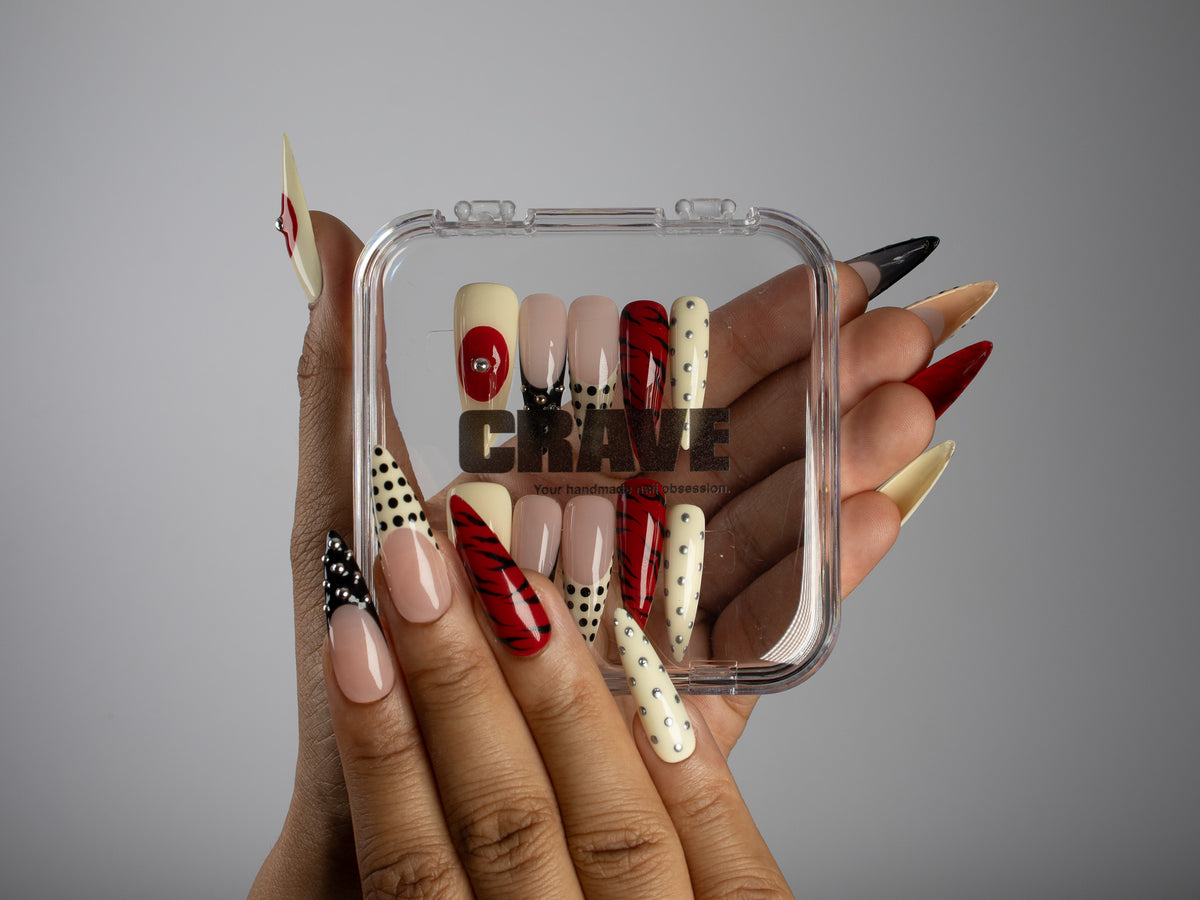 FINAL NOTICE, stiletto press-on nails, long length, 3D, animal print, French tip, polka dots, view 5