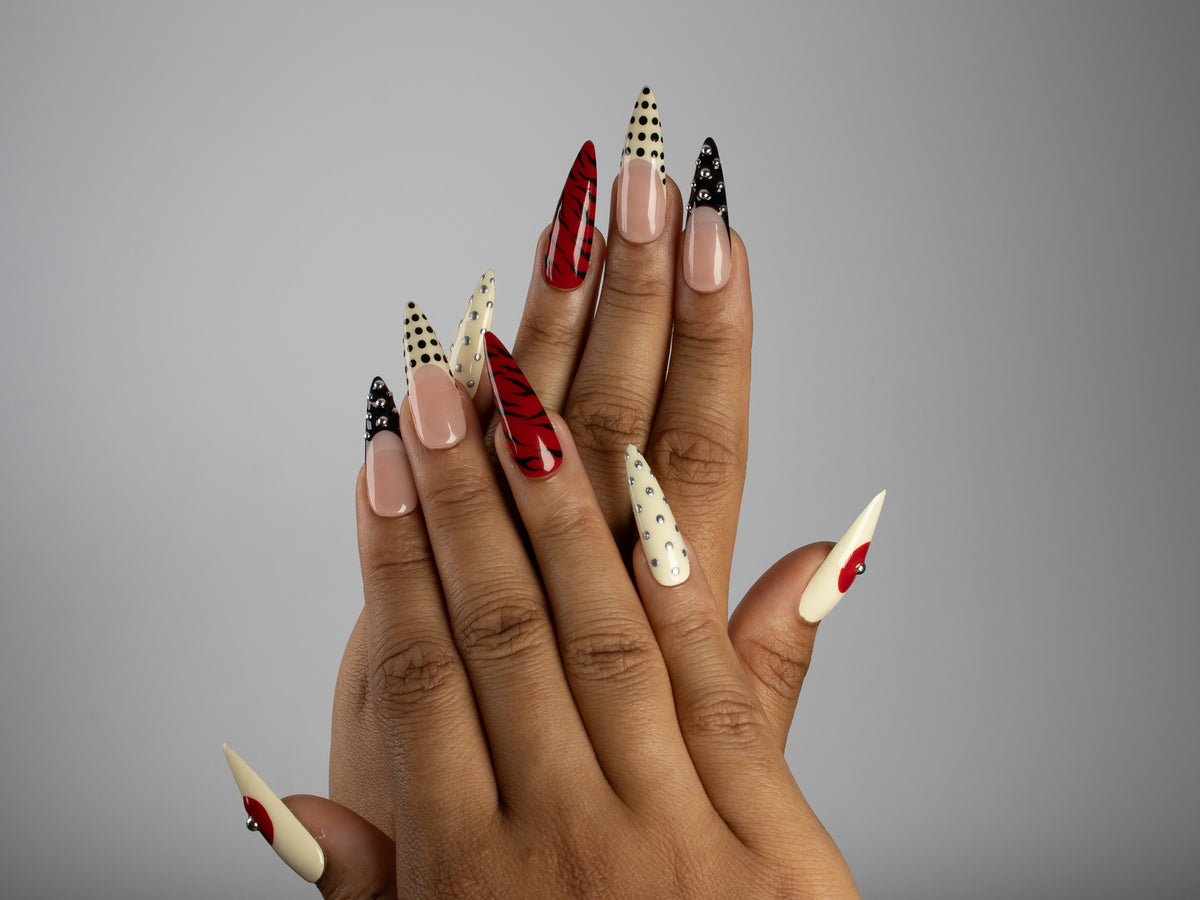FINAL NOTICE, stiletto press-on nails, long length, 3D, animal print, French tip, polka dots, view 6