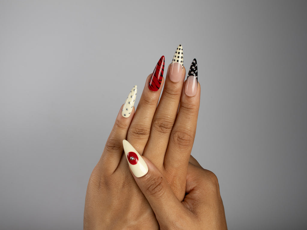 FINAL NOTICE, stiletto press-on nails, long length, 3D, animal print, French tip, polka dots, view 7