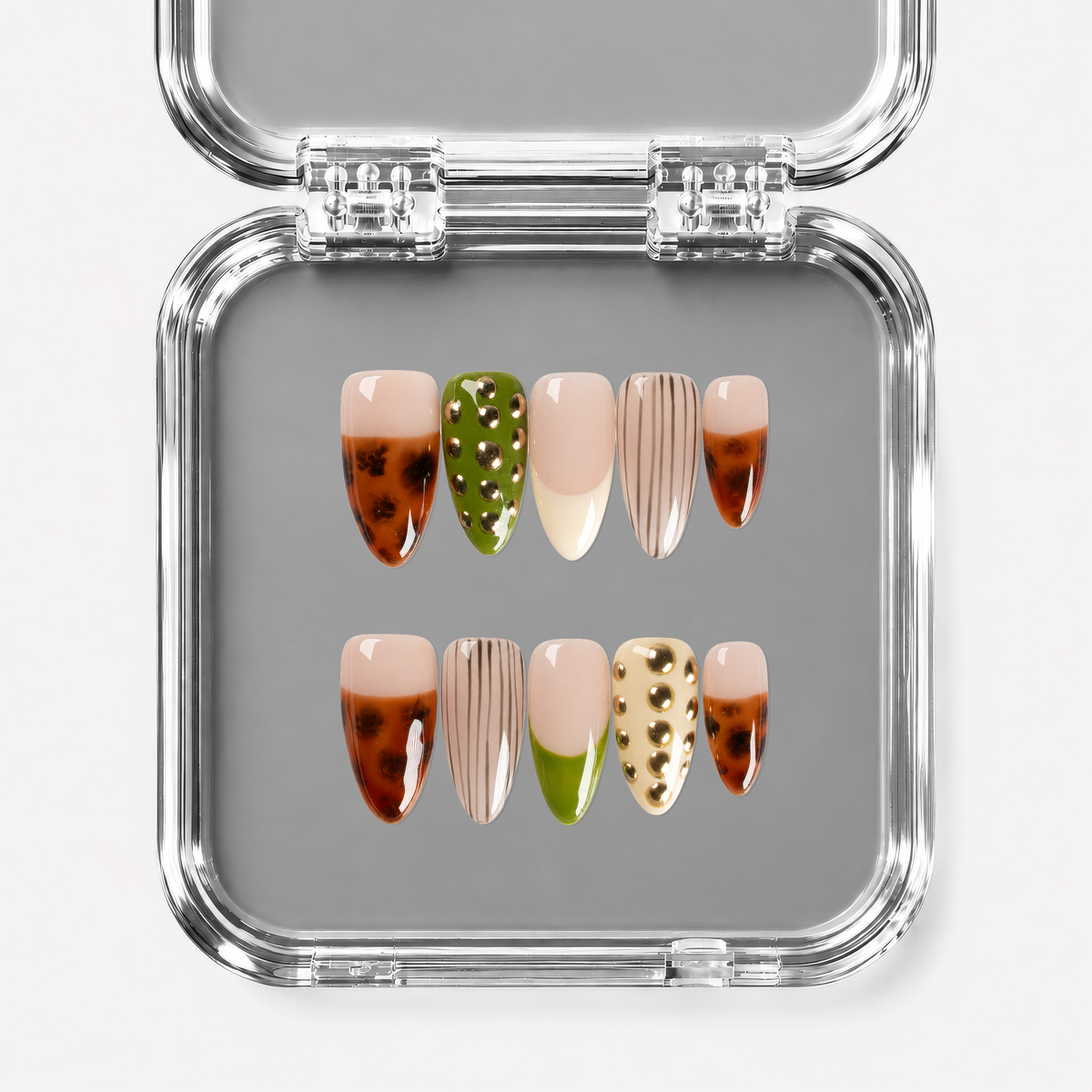 HAZELNUT, almond press-on nails, medium length, 3D, animal print, French tip, view 1