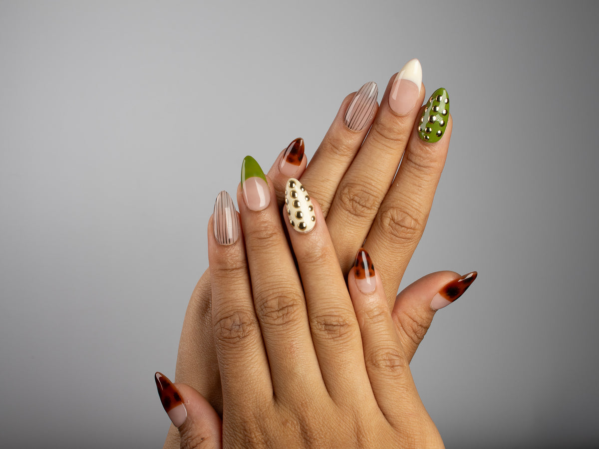 HAZELNUT, almond press-on nails, medium length, 3D, animal print, French tip, view 6