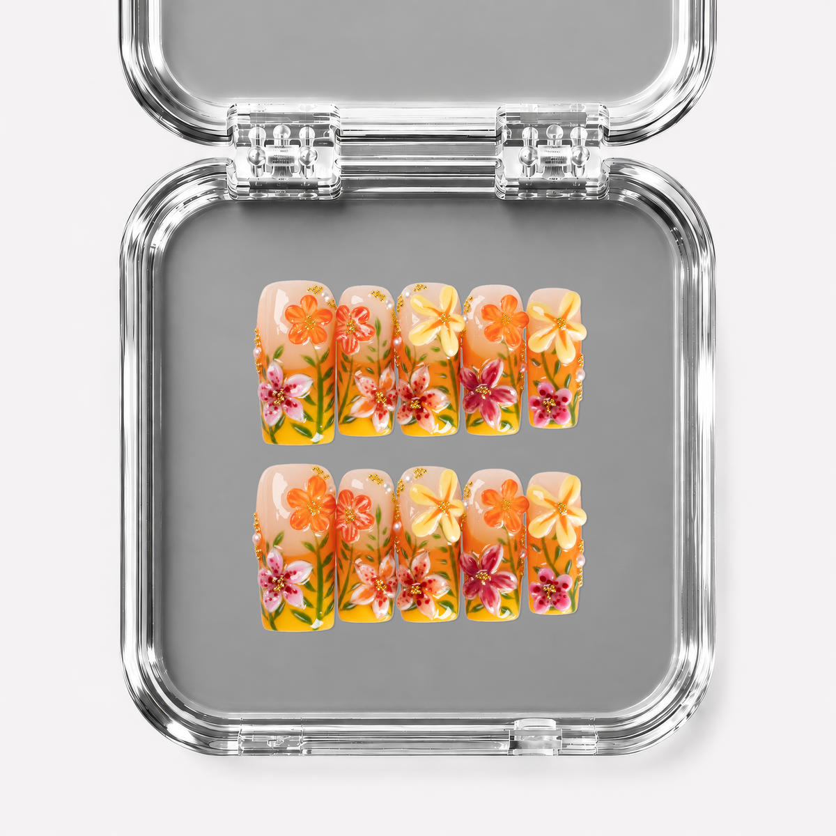 LATE BLOOMER, square press-on nails, medium length, 3D, view 1