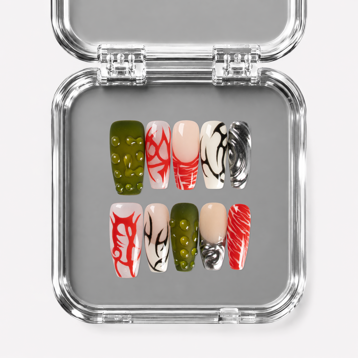 MOSH PIT, coffin press-on nails, medium length, 3D, chrome, view 1