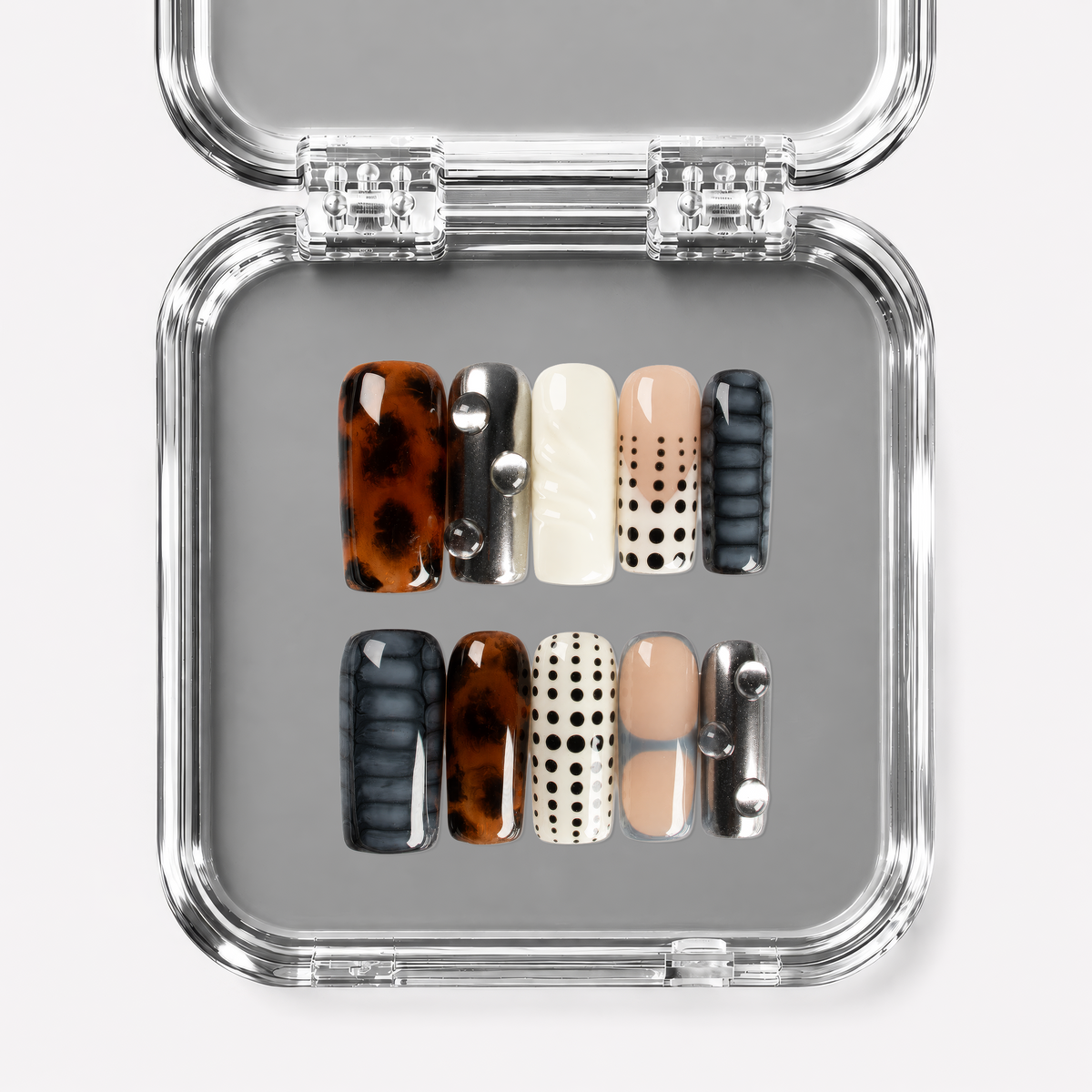 MUSE, square press-on nails, medium length, 3D, animal print, chrome, polka dots, view 1
