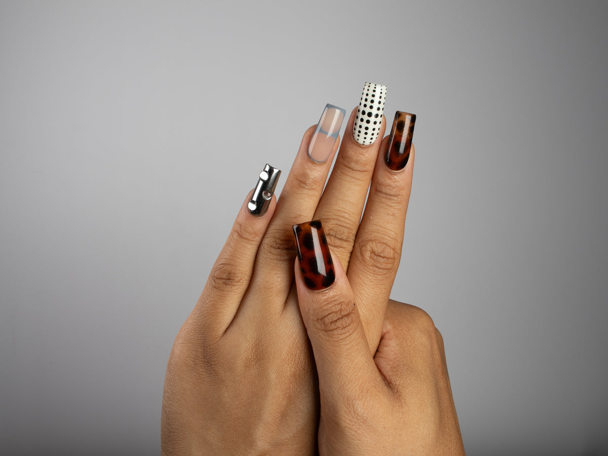 MUSE, square press-on nails, medium length, 3D, animal print, chrome, polka dots, view 7