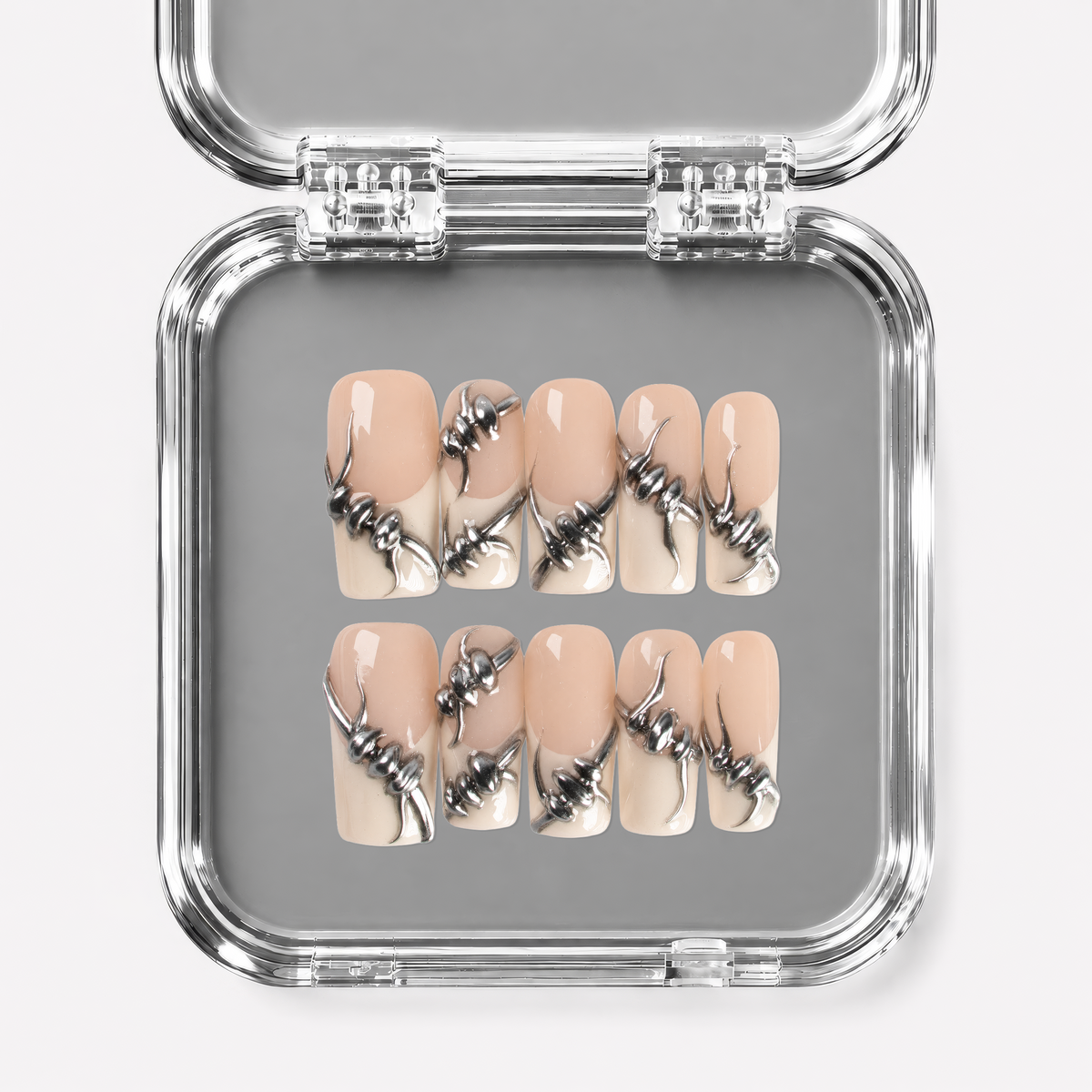 NO TRESPASSING, square press-on nails, medium length, 3D, French tip, view 1