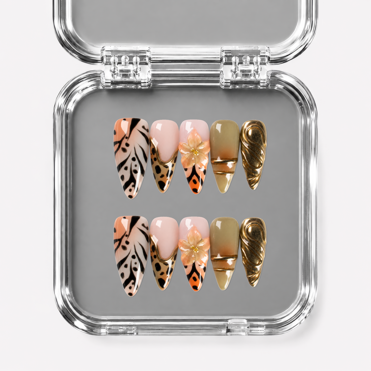 OASIS, stiletto press-on nails, medium length, 3D, animal print, chrome, view 1