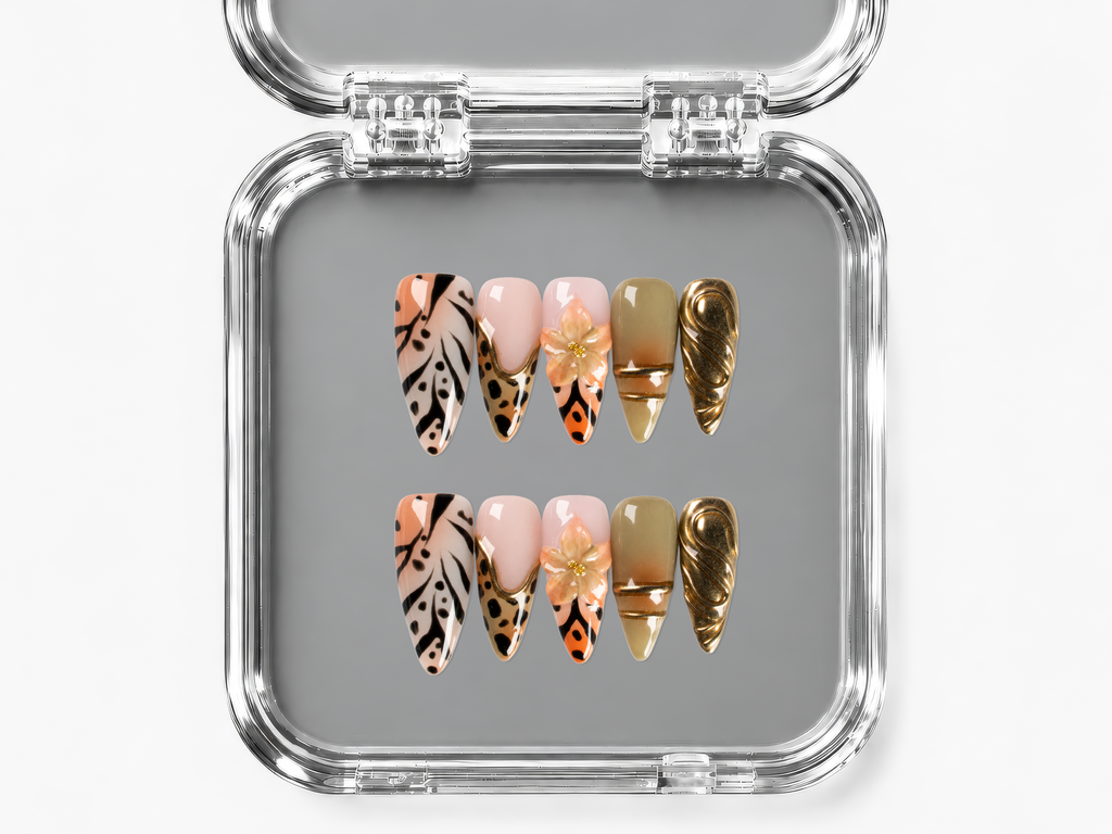OASIS, stiletto press-on nails, medium length, 3D, animal print, chrome, view 4