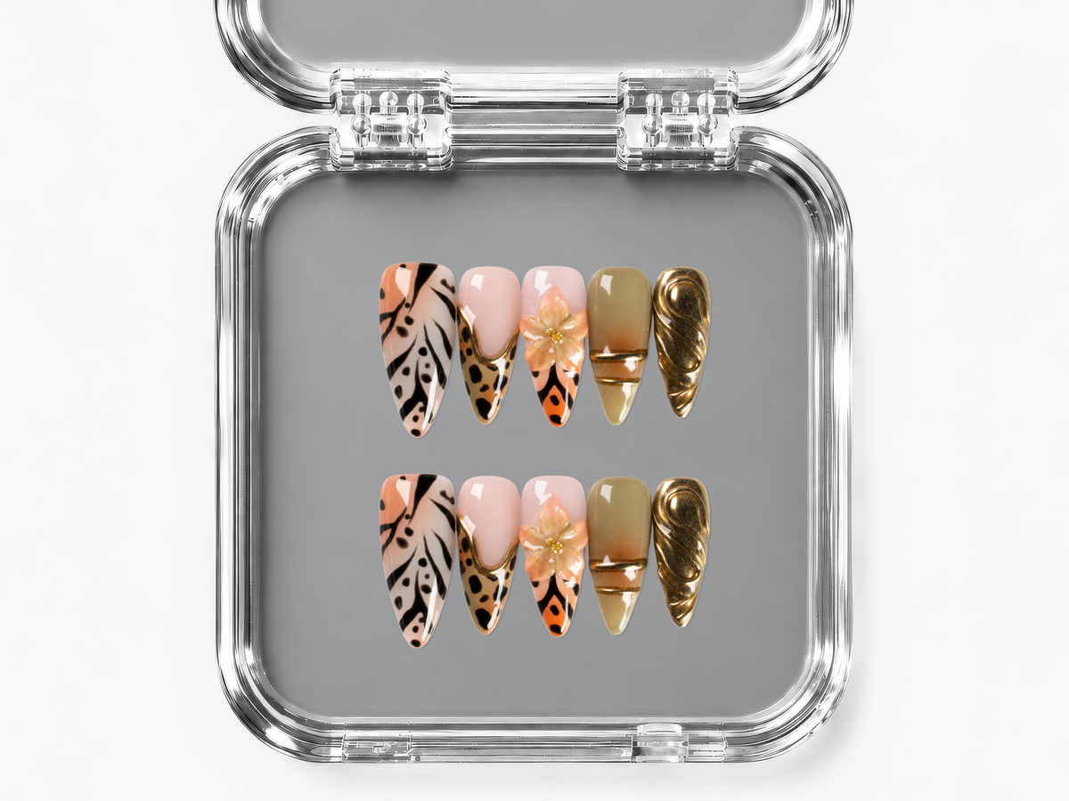 OASIS, stiletto press-on nails, medium length, 3D, animal print, chrome, view 4