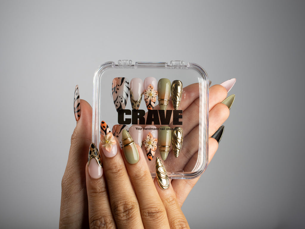 OASIS, stiletto press-on nails, medium length, 3D, animal print, chrome, view 5