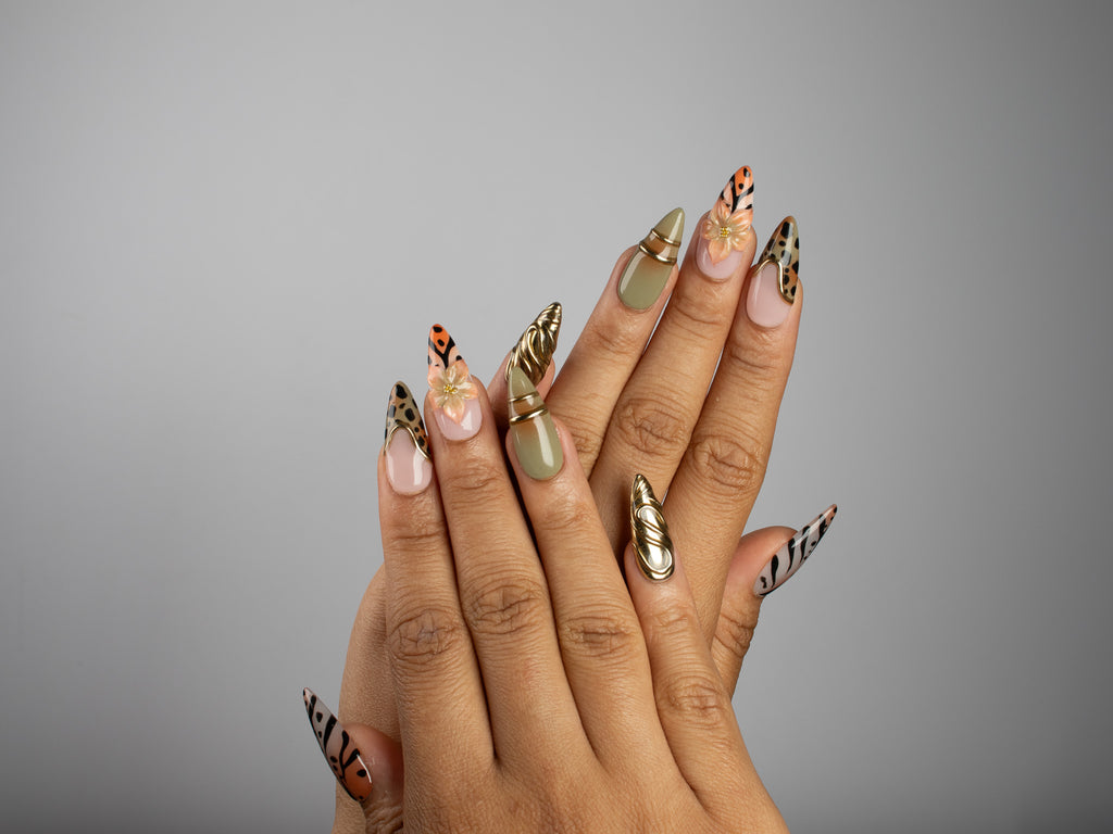 OASIS, stiletto press-on nails, medium length, 3D, animal print, chrome, view 6