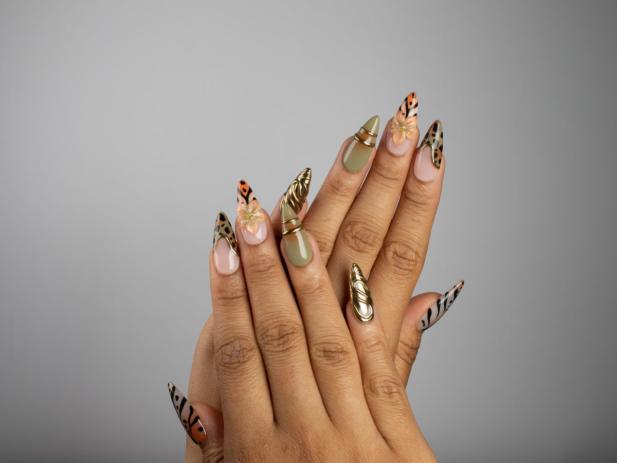 OASIS, stiletto press-on nails, medium length, 3D, animal print, chrome, view 6