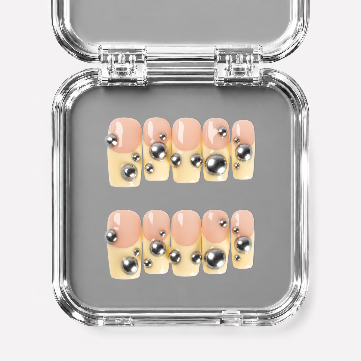 PINBALL, square press-on nails, medium length, 3D, French tip, view 1