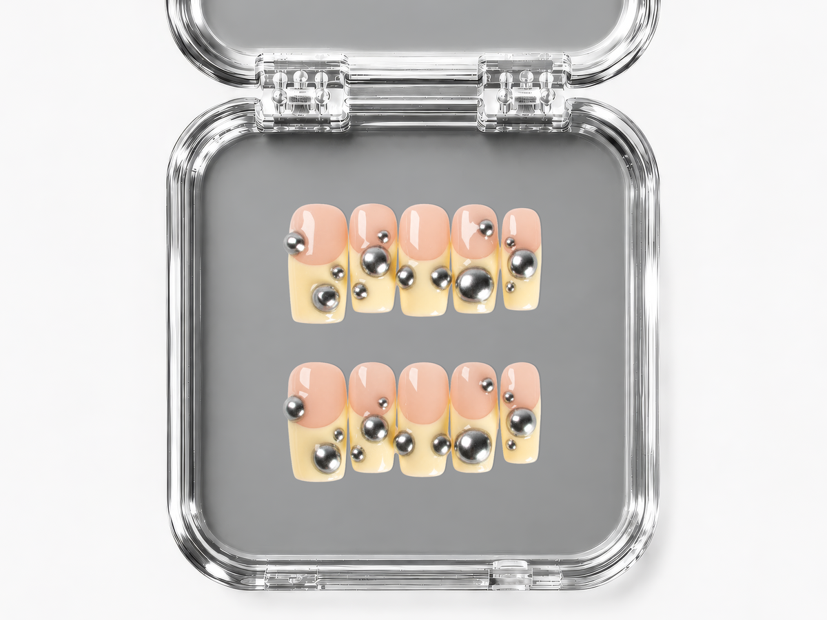 PINBALL, square press-on nails, medium length, 3D, French tip, view 4