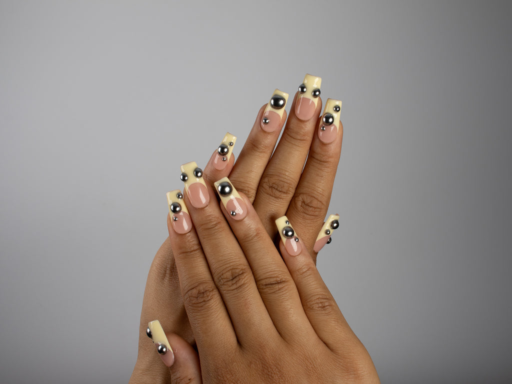 PINBALL, square press-on nails, medium length, 3D, French tip, view 6