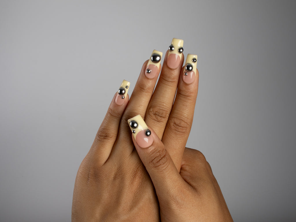 PINBALL, square press-on nails, medium length, 3D, French tip, view 7