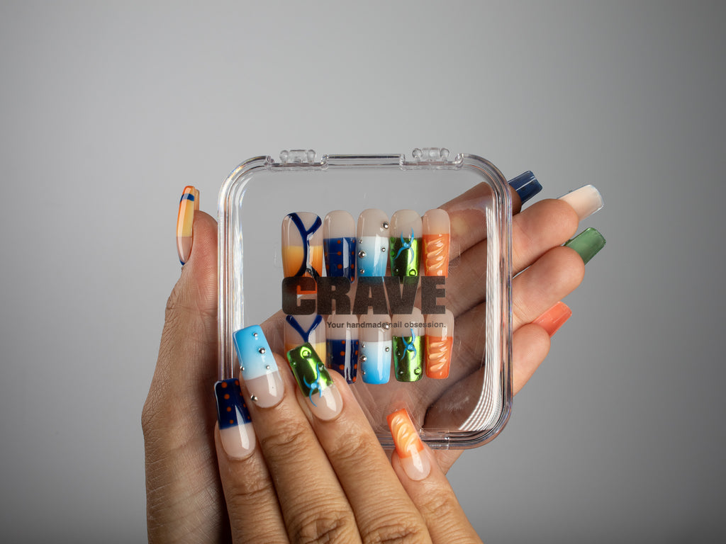 POLARITY, square press-on nails, medium length, 3D, French tip, fade, polka dots, view 5