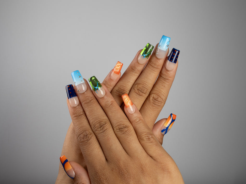 POLARITY, square press-on nails, medium length, 3D, French tip, fade, polka dots, view 6