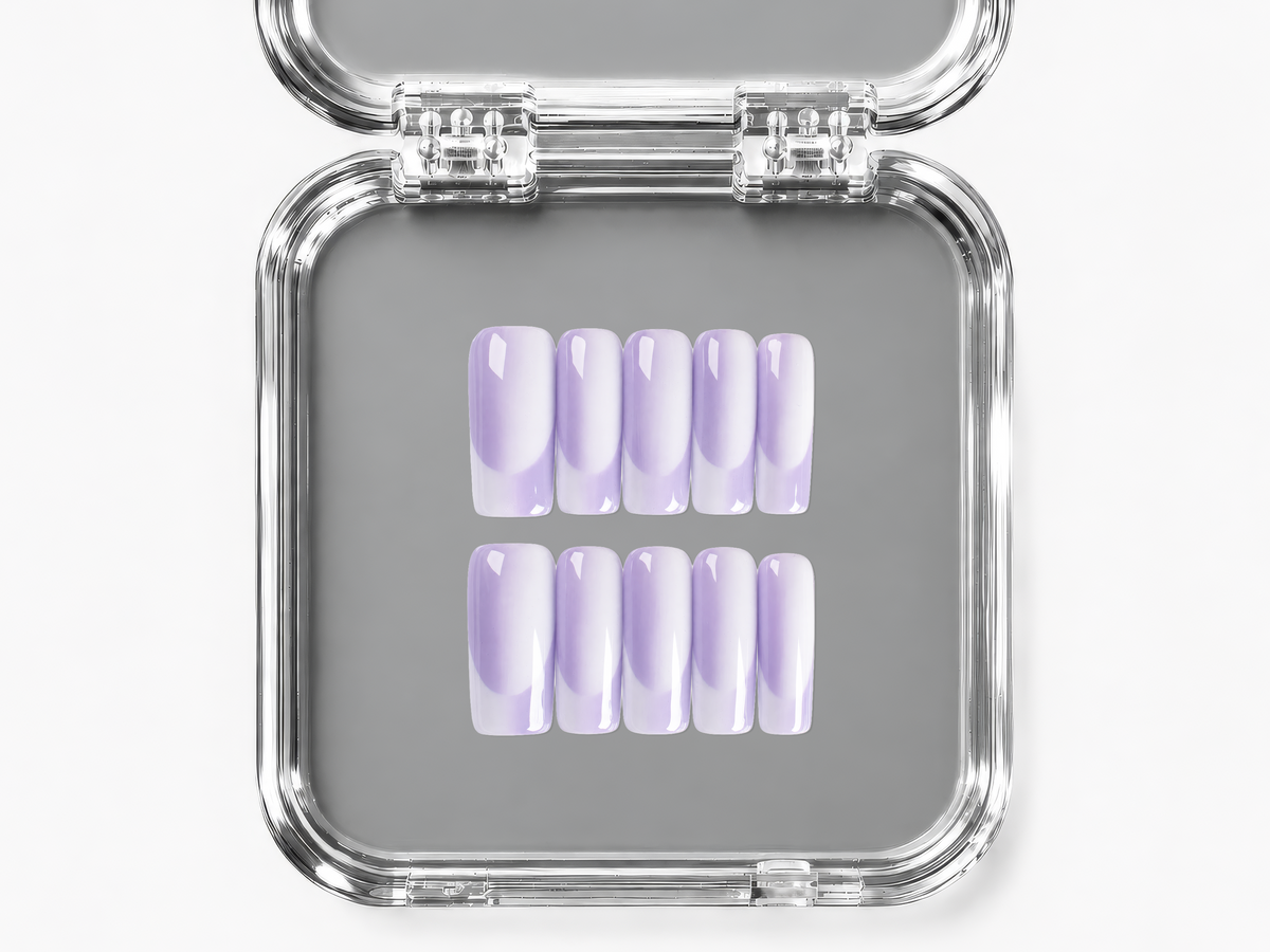 POWDER, square press-on nails, medium length, French tip, fade, view 4