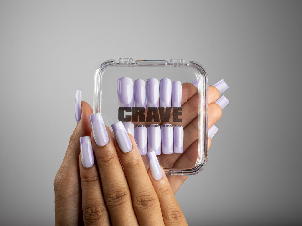 POWDER, square press-on nails, medium length, French tip, fade, view 5