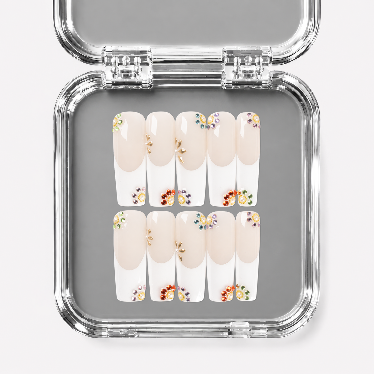 PRECIOUS, square press-on nails, long length, 3D, French tip, view 1