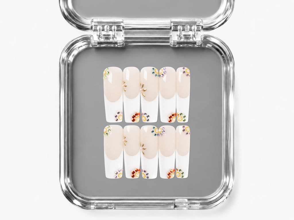 PRECIOUS, square press-on nails, long length, 3D, French tip, view 4