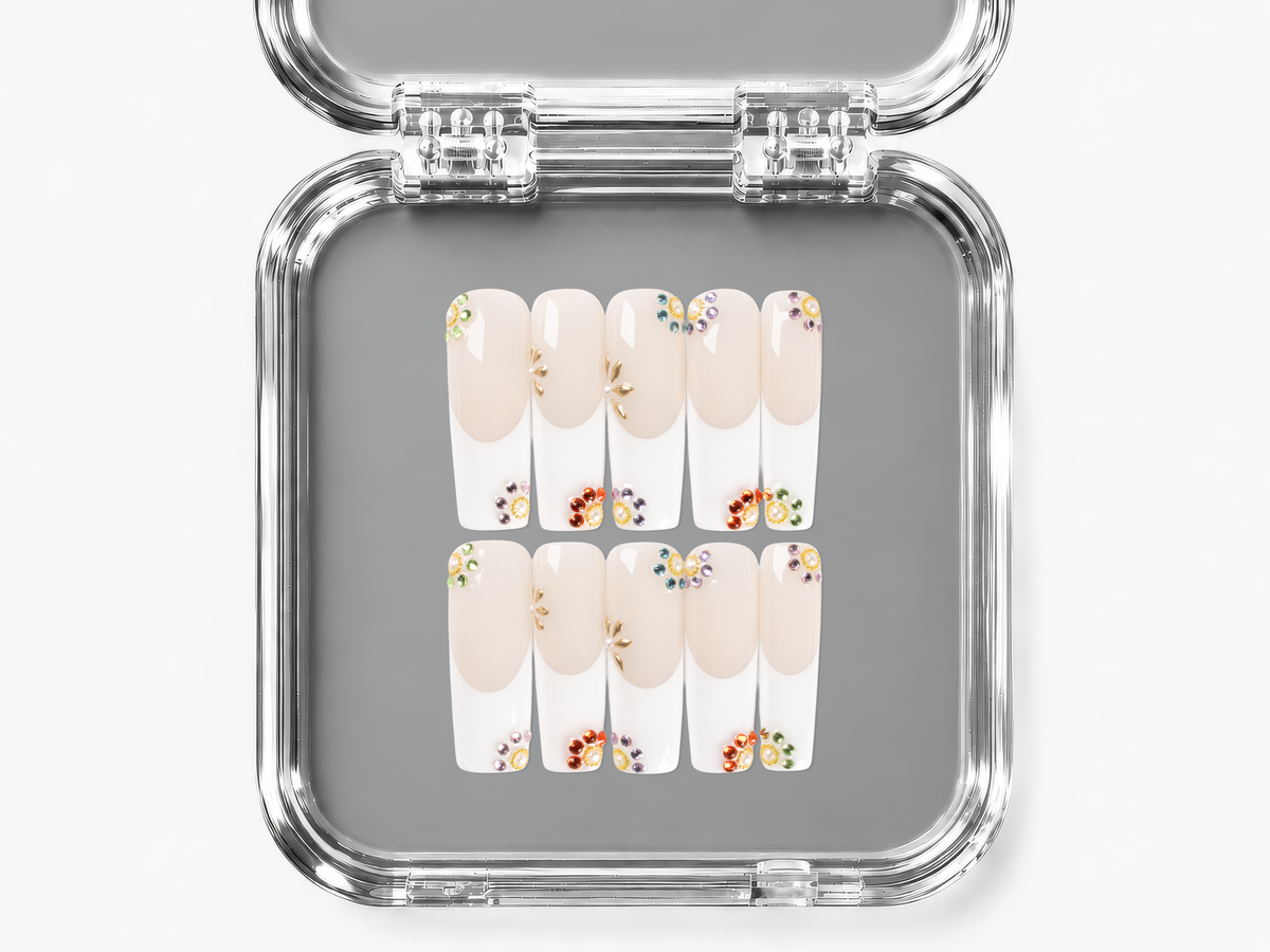 PRECIOUS, square press-on nails, long length, 3D, French tip, view 4
