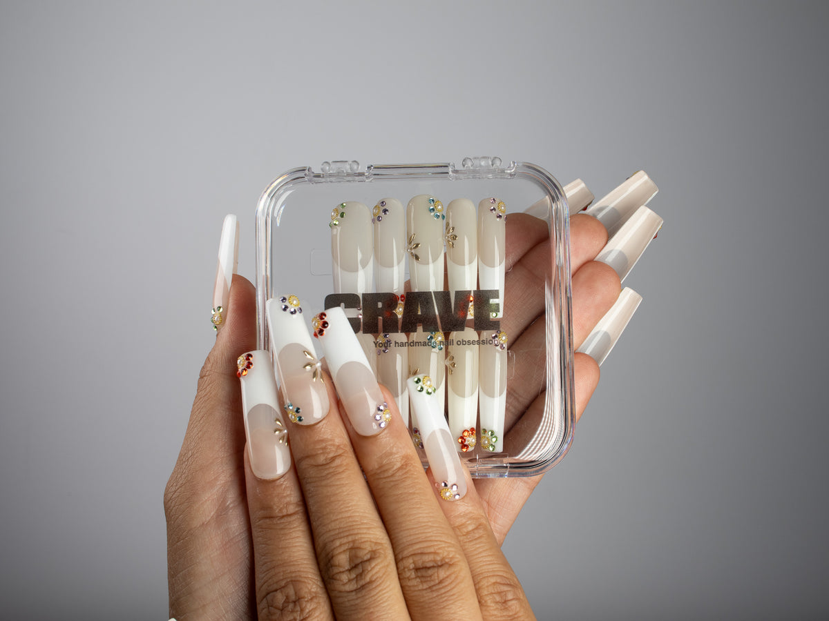 PRECIOUS, square press-on nails, long length, 3D, French tip, view 5